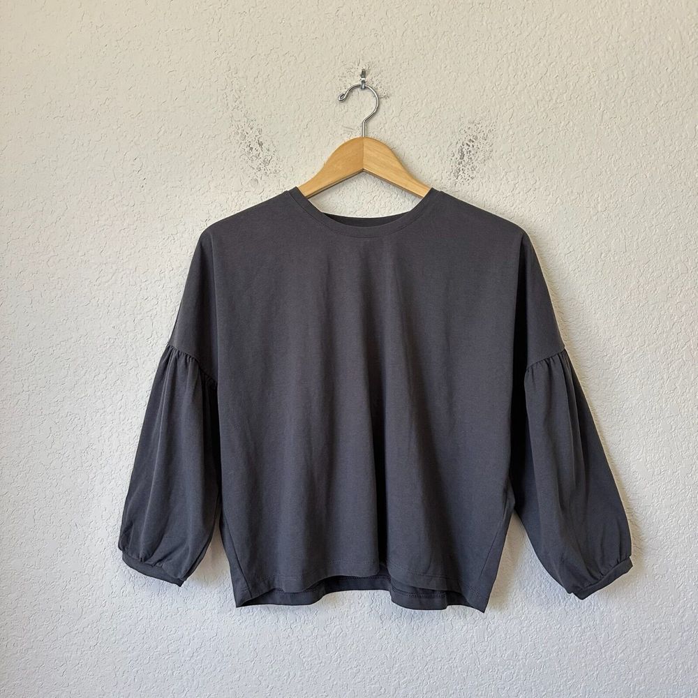 NWT MADEWELL 3/4-Sleeve Crepe Drop-Shoulder Bubble-Sleeve Tee Grey